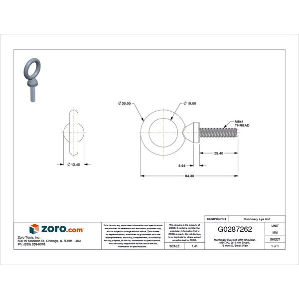 Machinery Eye Bolt With Shoulder, M6-1.00, 25.4 mm Shank, 19 mm ID, Steel, Plain
