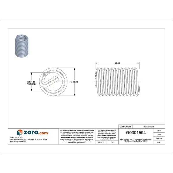 Tanged Helical Insert, Screw-Locking, M8-1.25 Thrd Sz, Nitronic 60, 100 PK