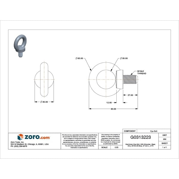Machinery Eye Bolt With Shoulder, M16-2.00, 27 mm Shank, 35 mm ID, Steel, Zinc Plated, 2 PK