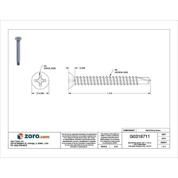 Self-Drilling Screw, #6 x 1-1/4 in, Zinc Plated Steel Flat Head Phillips Drive, 100 PK