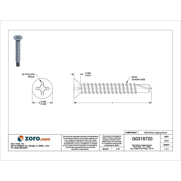 Self-Drilling Screw, #6 x 1 in, Zinc Plated Steel Flat Head Phillips Drive, 100 PK