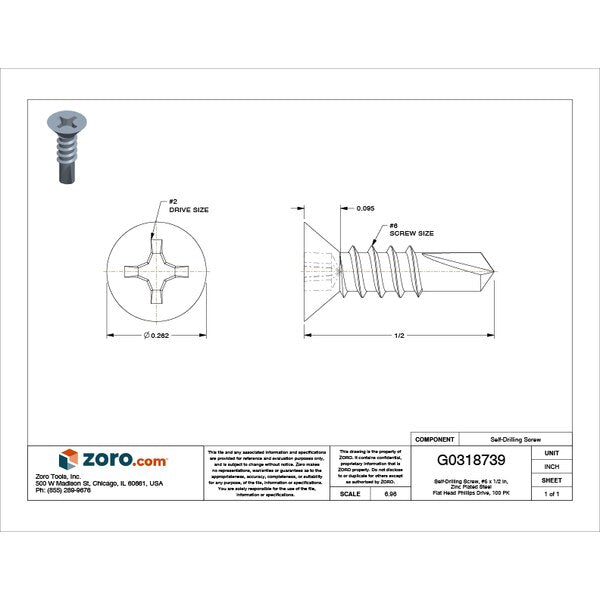 Self-Drilling Screw, #6 x 1/2 in, Zinc Plated Steel Flat Head Phillips Drive, 100 PK
