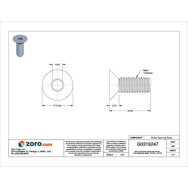 M6-1.00 Socket Head Cap Screw, Plain Stainless Steel, 16 mm Length, 50 PK