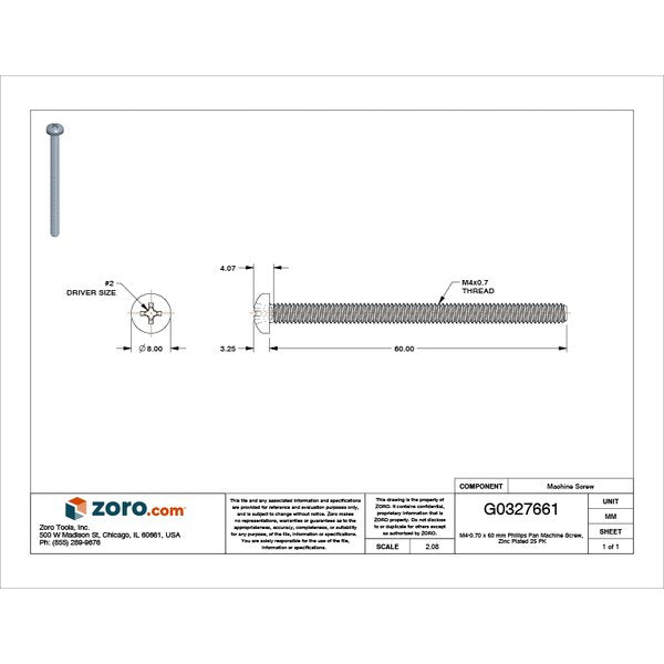 M4-0.70 x 60 mm Phillips Pan Machine Screw, Zinc Plated Steel, 25 PK