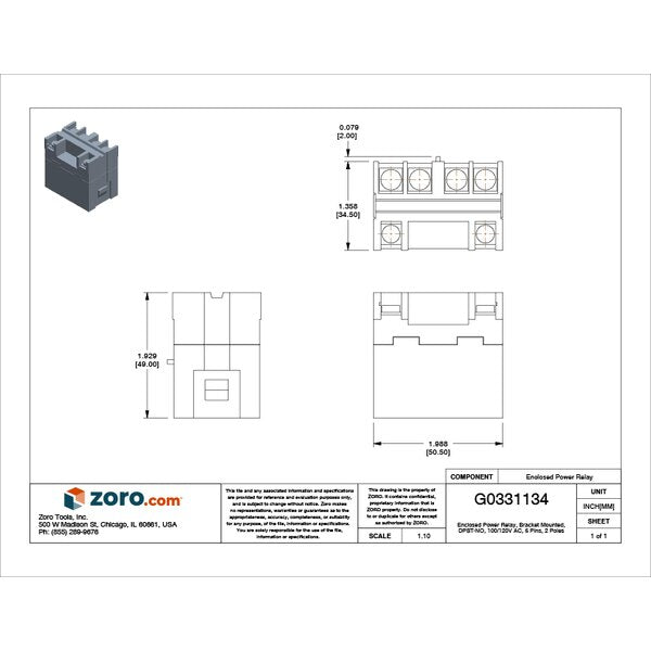 Enclosed Power Relay, Bracket Mounted, DPST-NO, 100/120V AC, 6 Pins, 2 Poles