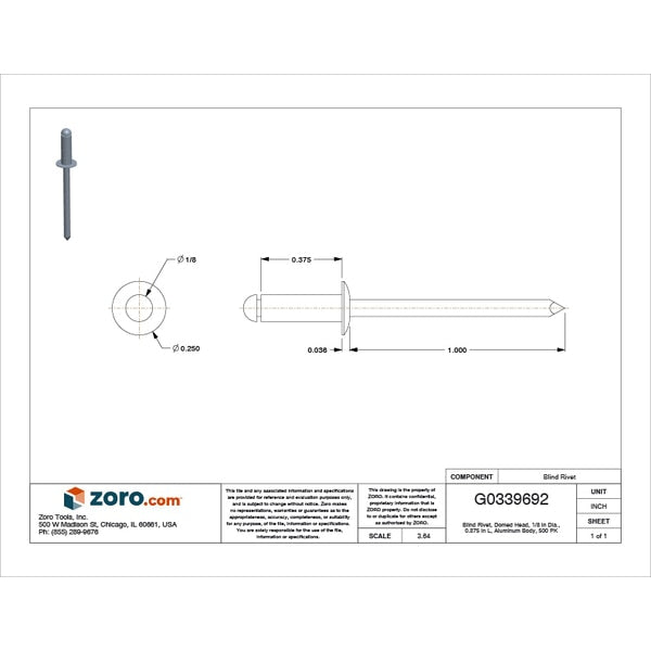 Blind Rivet, Dome Head, 1/8 in Dia., 3/8 in L, Aluminum Body, 500 PK