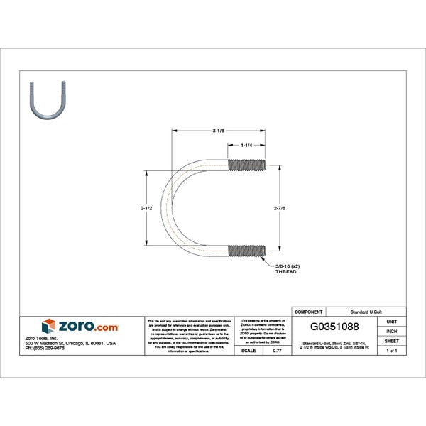 Round U-Bolt, 3/8