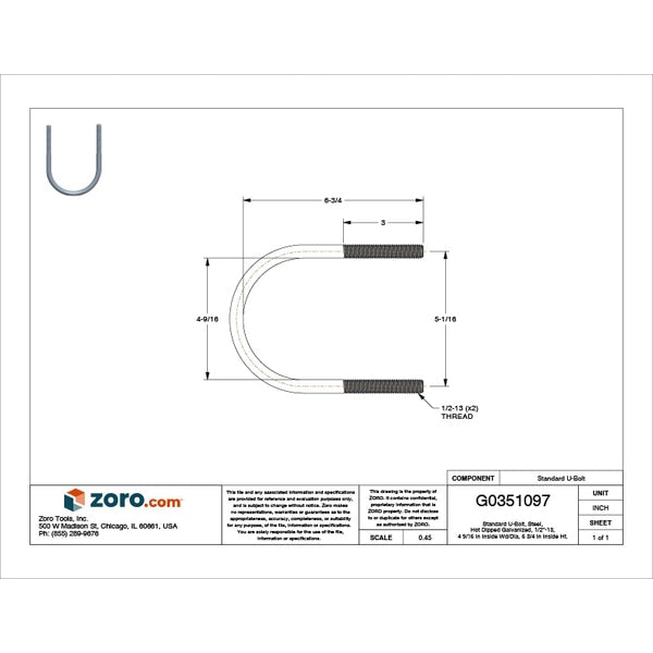 Round U-Bolt, 1/2