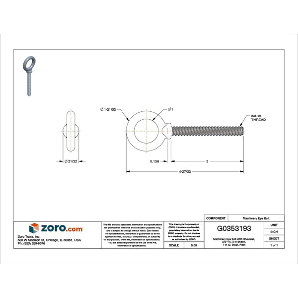 Machinery Eye Bolt With Shoulder, 3/8