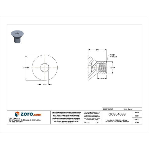 Arch Barrel, #10-24, 3/8 in Brl Lg, 1/4 in Brl Dia, 18-8 Stainless Steel Plain