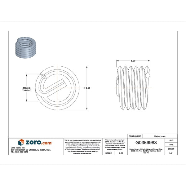 Tanged Helical Insert, Free-Running, M5-0.80 Thrd Sz, 18-8 Stainless Steel, 100 PK