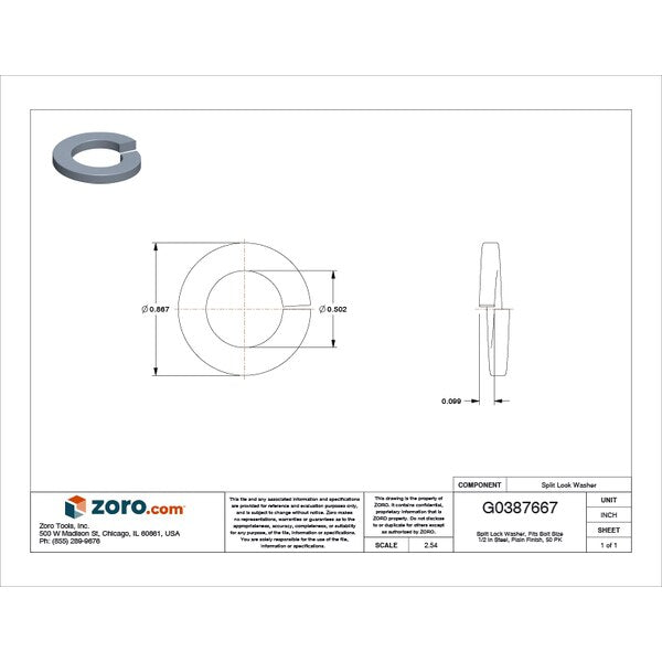 Split Lock Washer, Fits Bolt Size 1/2 in Steel, Plain Finish, 50 PK