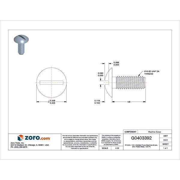 #10-32 x 1/2 in Slotted Truss Machine Screw, Zinc Plated Steel, 100 PK