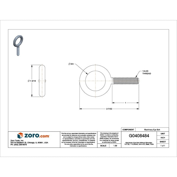 Machinery Eye Bolt Without Shoulder, 1/4