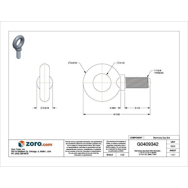 Machinery Eye Bolt With Shoulder, 1-1/2