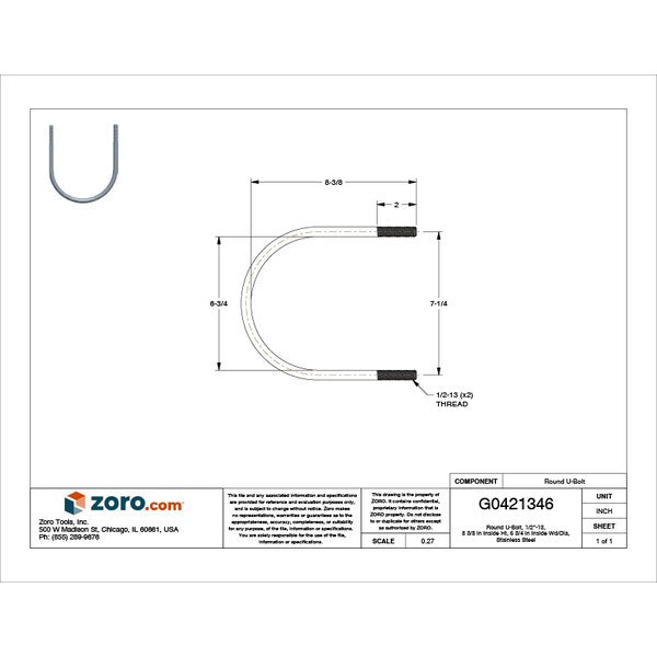 Round U-Bolt, 1/2