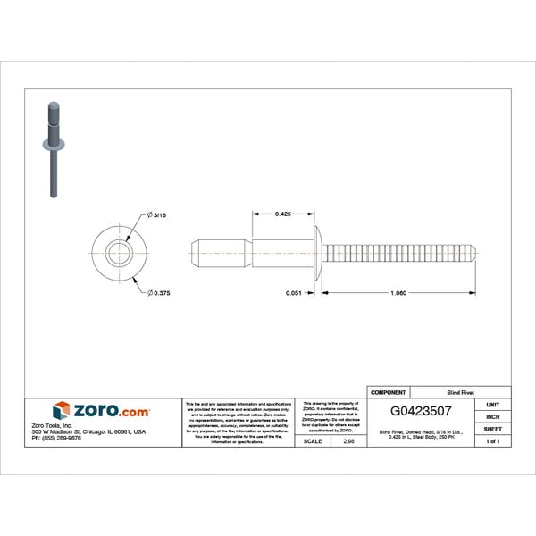 Blind Rivet, Dome Head, 3/16 in Dia., 27/64 in L, Steel Body, 250 PK