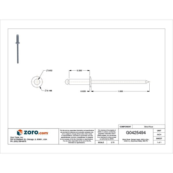 Blind Rivet, Dome Head, 3/32 in Dia., 11/32 in L, Aluminum Body, 500 PK