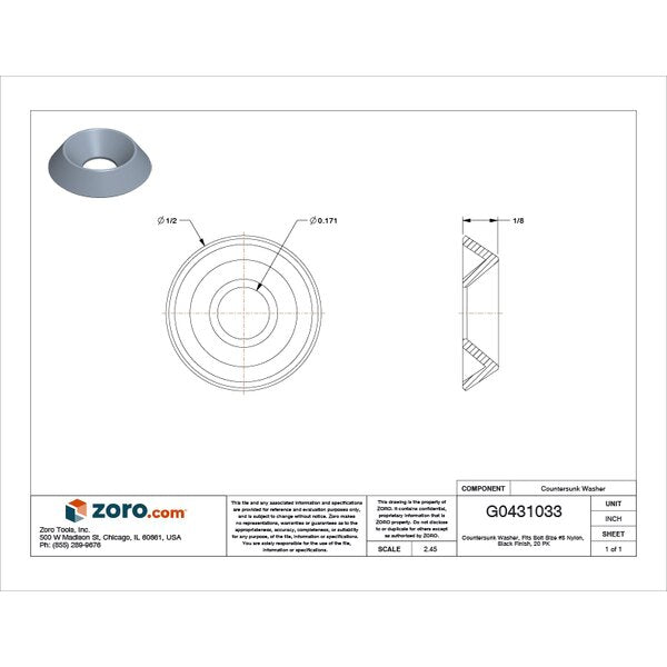 Countersunk Washer, Fits Bolt Size #8 Nylon, Black Finish, 20 PK