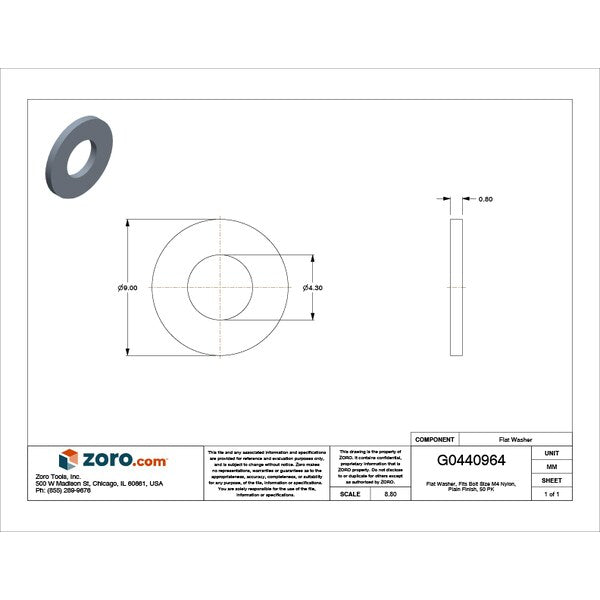 Flat Washer, Fits Bolt Size M4 , Nylon Plain Finish, 50 PK