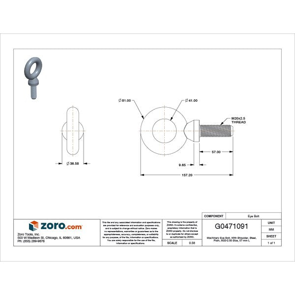 Machinery Eye Bolt With Shoulder, M20-2.50, 57 mm Shank, 41 mm ID, Steel, Plain