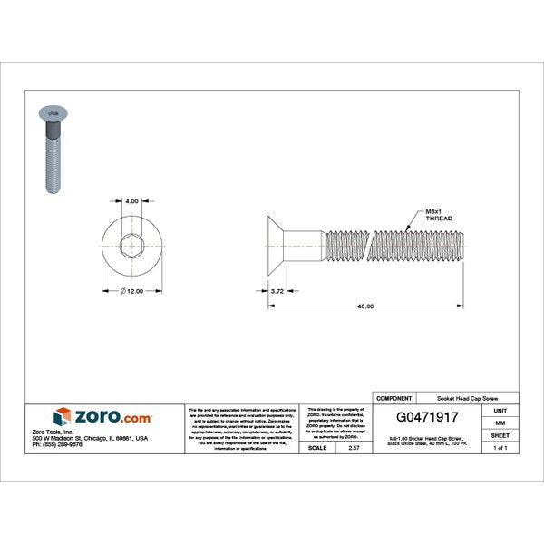 M6-1.00 Socket Head Cap Screw, Black Oxide Steel, 40 mm Length, 100 PK