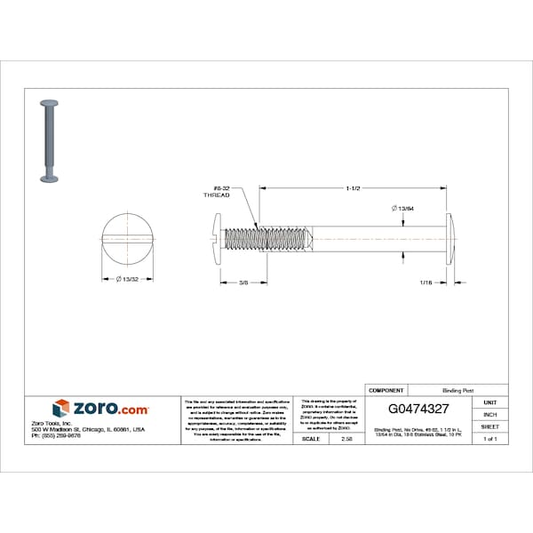 Binding Barrel, #8-32, 1 1/2 in Brl Lg, 13/64 in Brl Dia, 18-8 Stainless Steel Plain, 10 PK