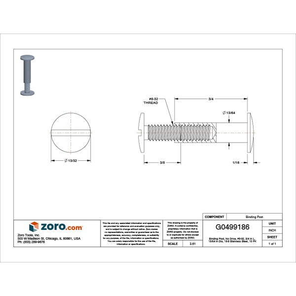 Binding Barrel, #8-32, 3/4 in Brl Lg, 13/64 in Brl Dia, 18-8 Stainless Steel Plain, 10 PK