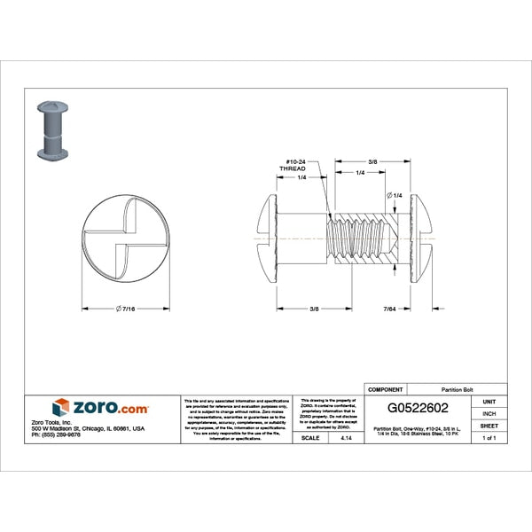 Partition Bolt, #10-24, 3/8 in Brl Lg, 1/4 in Brl Dia, 18-8 Stainless Steel Plain, 10 PK
