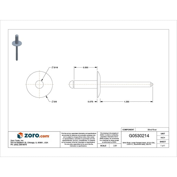Blind Rivet, Flanged Head, 3/16 in Dia., 35/64 in L, Aluminum Body, 250 PK