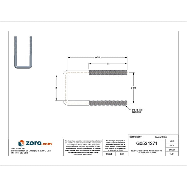 Square U-Bolt, 3/8