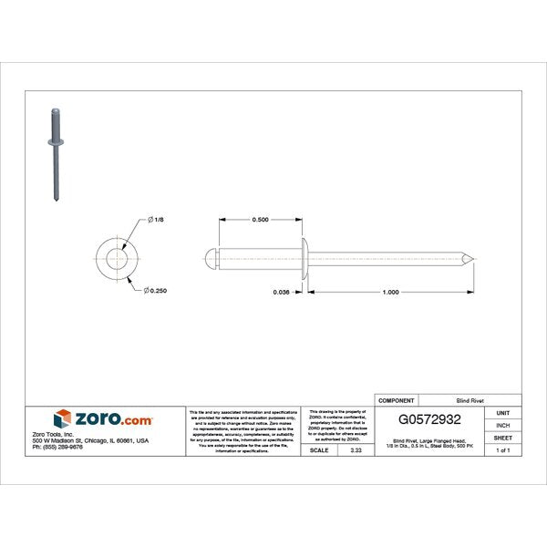 Blind Rivet, Large Flanged Head, 1/8 in Dia., 1/2 in L, Steel Body, 500 PK