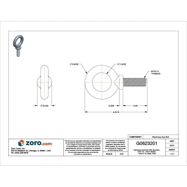 Machinery Eye Bolt With Shoulder, 9/16