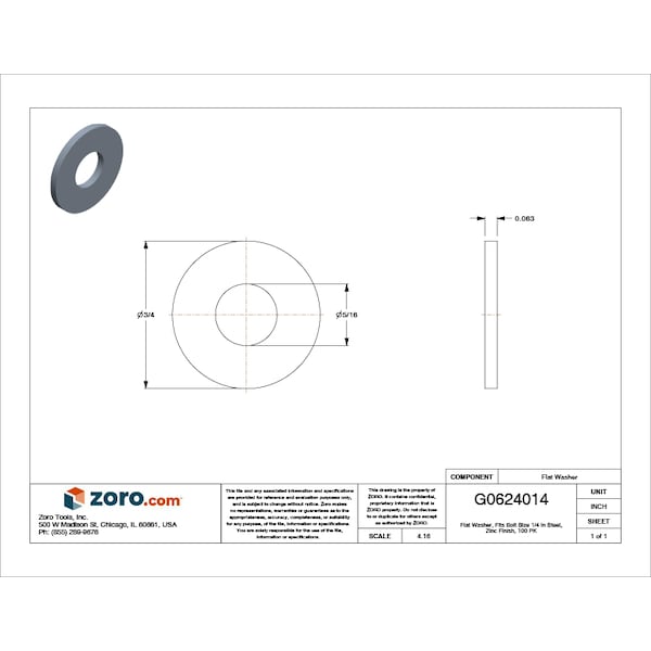 Flat Washer, Fits Bolt Size 1/4 in , Steel Zinc Plated Finish, 100 PK