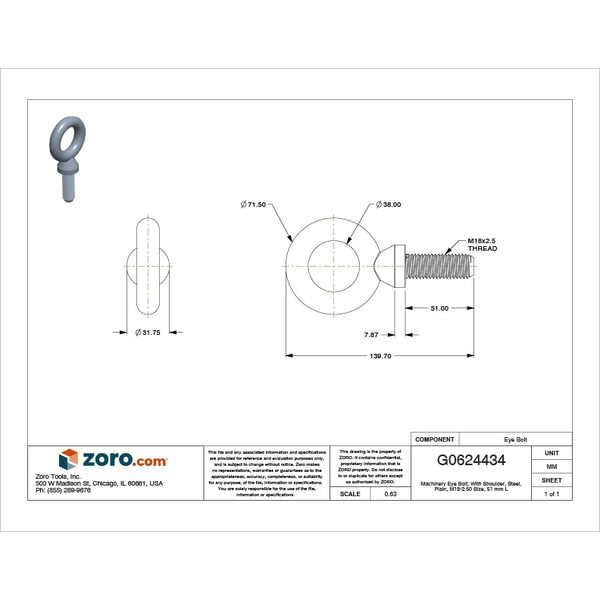 Machinery Eye Bolt With Shoulder, M18-2.50, 51 mm Shank, 38 mm ID, Steel, Plain