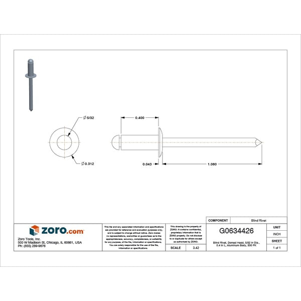 Blind Rivet, Dome Head, 5/32 in Dia., 13/32 in L, Aluminum Body, 500 PK