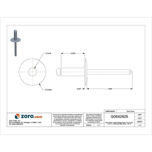 Blind Rivet, Flanged Head, 3/16 in Dia., 35/64 in L, Stainless Steel Body, 100 PK