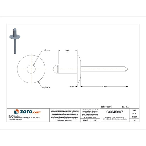 Blind Rivet, Flanged Head, 3/16 in Dia., 27/64 in L, Aluminum Body, 250 PK