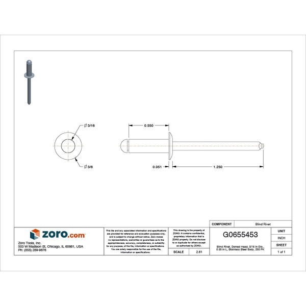 Blind Rivet, Dome Head, 3/16 in Dia., 35/64 in L, Stainless Steel Body, 250 PK