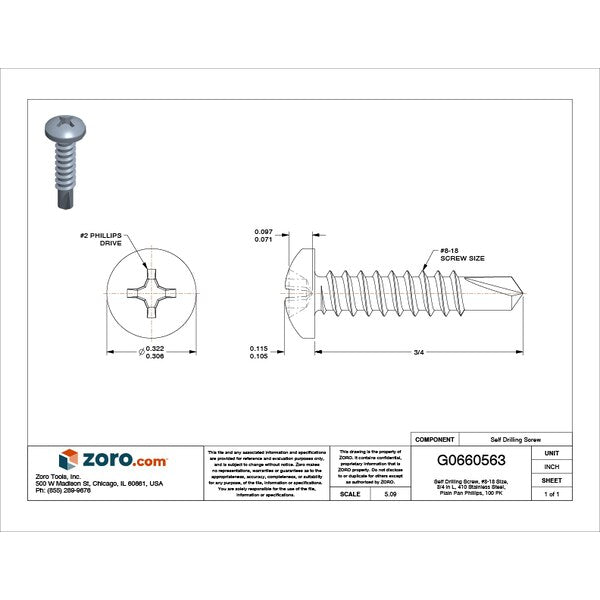 Self-Drilling Screw, #8 x 3/4 in, Plain 410 Stainless Steel Pan Head Phillips Drive, 100 PK