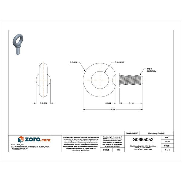 Machinery Eye Bolt With Shoulder, 7/8