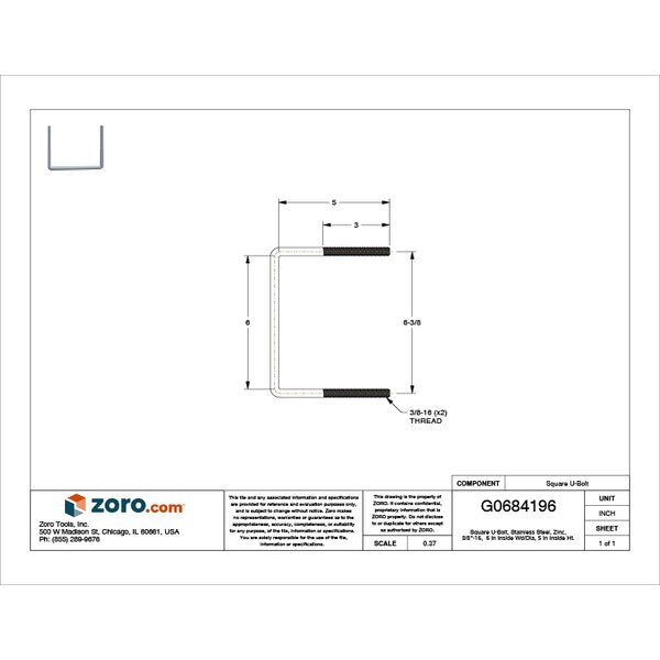 Square U-Bolt, 3/8