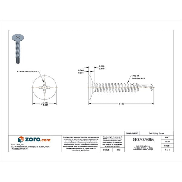 Self-Drilling Screw, #12 x 1 1/2 in, Galvanized Steel Wafer Head Phillips Drive