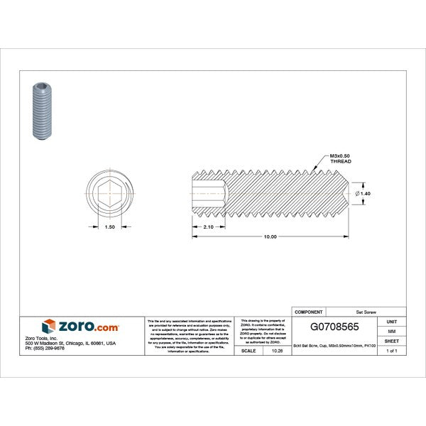 Sckt Set Scrw, Cup, M3x0.50mmx10mm, PK100