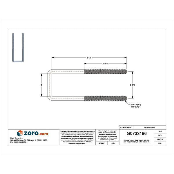 Square U-Bolt, 3/8