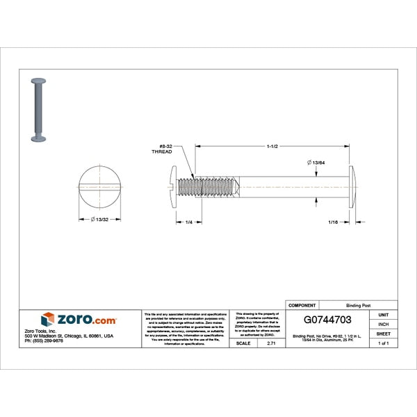 Binding Barrel, #8-32, 1 1/2 in Brl Lg, 13/64 in Brl Dia, Aluminum Plain, 25 PK