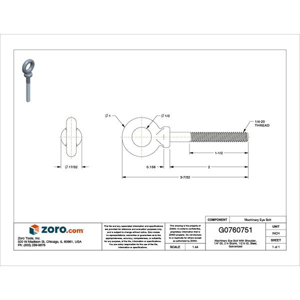 Machinery Eye Bolt With Shoulder, 1/4
