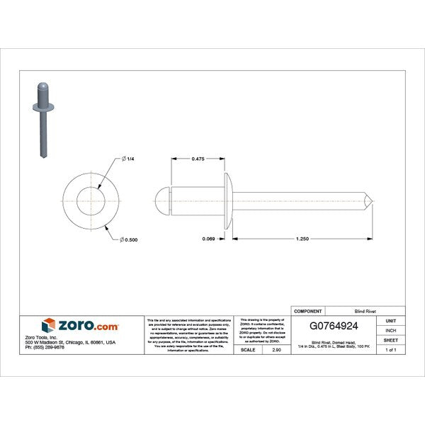 Blind Rivet, Dome Head, 1/4 in Dia., 15/32 in L, Steel Body, 100 PK