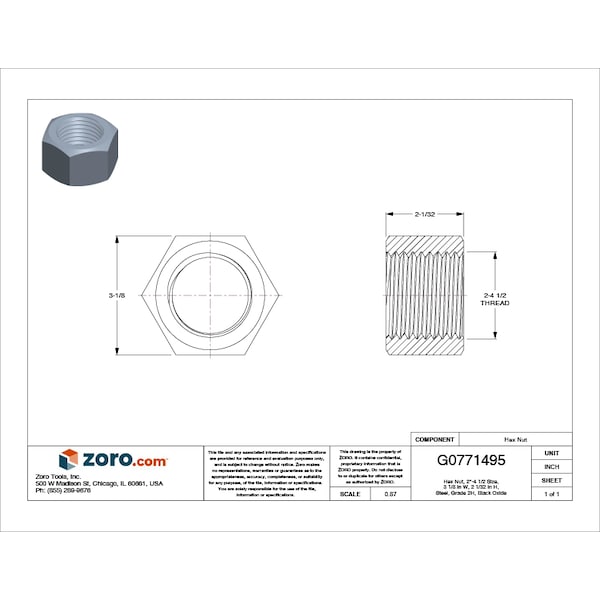 Heavy Hex Nut, #2-4-1/2, Steel, Grade 2H, Black Oxide, 2-1/32 in Ht