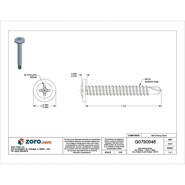 Self-Drilling Screw, #8 x 1 1/4 in, Zinc Plated Steel K-Lath Head Phillips Drive, 100 PK
